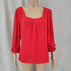 WHBM Red Silk Blouse with Gold Metal Details on Sleeves Women's Size 12